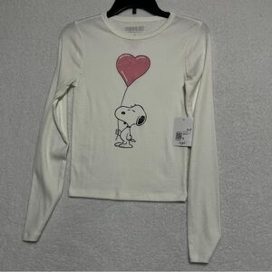 Peanuts Forever 21 Juniors White Ribbed Long Sleeve Snoopy Tee Small NWT
